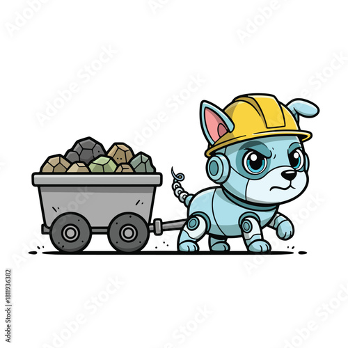 Cartoon Robot Dog Miner Pulling a Cart Full of Rocks.