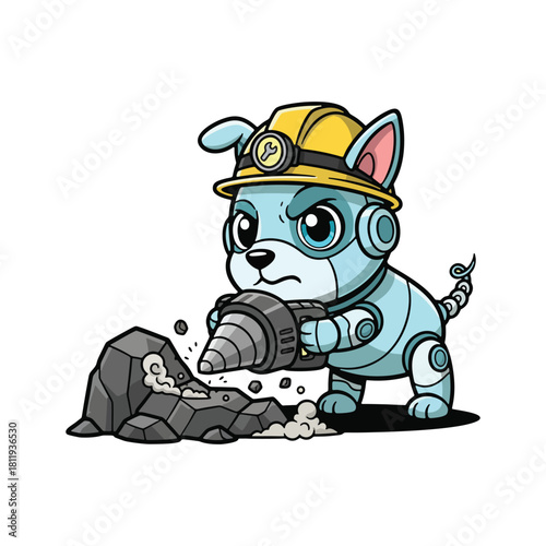Cartoon Puppy Miner with Drill Wearing Hard Hat Mining Rock.