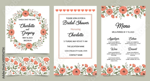 Elegant Coral & Green Floral Wedding Stationery Set - Bridal Shower, Invitation, Menu