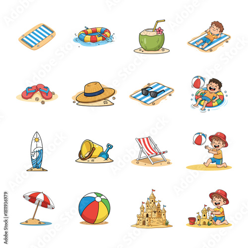 A collection of colorful cartoon icons for summer beach vacations and activities.