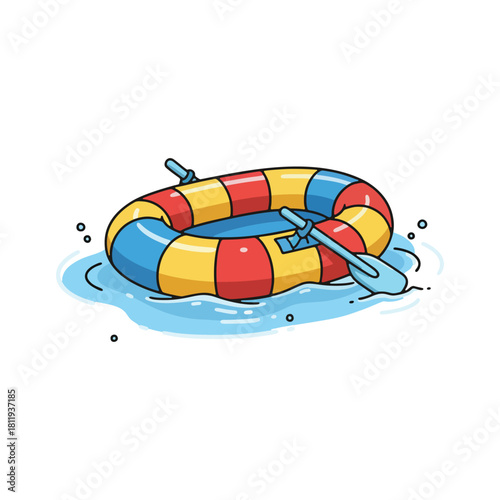 A colorful striped inflatable circular raft with a single oar floating on the water.