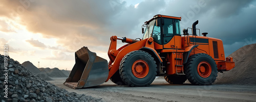 Orange bulldozer sits on dirt road at construction site with gravel piles. Big wheels and loader bucket are ready for heavy work. Cloudy sky looms overhead.