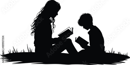 Black silhouette of a mother and son sitting on grass reading books together in nature, isolated on white background