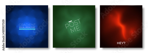 Modern gradient color light effect set of social network post, annual report. Elegant design in blue green orange with light shadow effects. Vector cover template set. Abstract fluorescent background