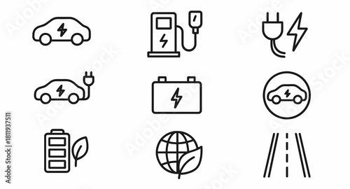Electric Vehicle & Charging Line Icons Set