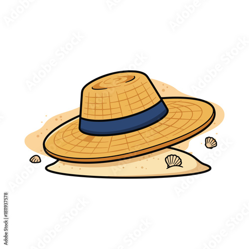A cartoon illustration of a woven straw sun hat with a blue ribbon resting on a sandy beach with small seashells.