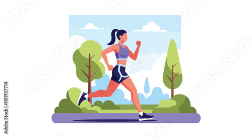 Flat vector athletic woman jogging outdoors on park path with dynamic stride and sporty outfit. Ideal for fitness blogs, running apps, healthy lifestyle designs, and wellness promotions