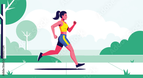 Flat vector athletic woman jogging outdoors on park path with dynamic stride and sporty outfit. Ideal for fitness blogs, running apps, healthy lifestyle designs, and wellness promotions