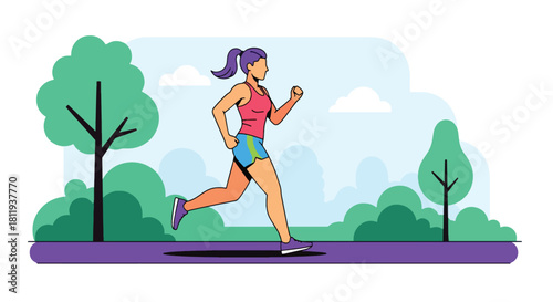 Flat vector athletic woman jogging outdoors on park path with dynamic stride and sporty outfit. Ideal for fitness blogs, running apps, healthy lifestyle designs, and wellness promotions