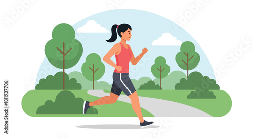 Flat vector athletic woman jogging outdoors on park path with dynamic stride and sporty outfit. Ideal for fitness blogs, running apps, healthy lifestyle designs, and wellness promotions