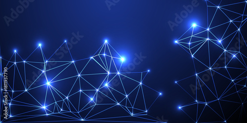 Abstract network of glowing points and lines. A wave of interconnected nodes. Intricate lines and dots creating a glowing abstract network on a dark background.