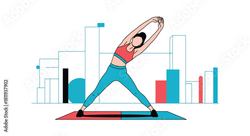 Flat vector female trainer performing full-body stretch on mat in minimal gym. Ideal for stretching guides, wellness apps, fitness coaching content, and exercise illustrations