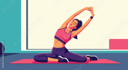 Flat vector female trainer performing full-body stretch on mat in minimal gym. Ideal for stretching guides, wellness apps, fitness coaching content, and exercise illustrations