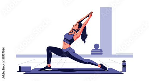 Flat vector female trainer performing full-body stretch on mat in minimal gym. Ideal for stretching guides, wellness apps, fitness coaching content, and exercise illustrations