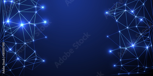 Abstract network of glowing points and lines. A wave of interconnected nodes. Intricate lines and dots creating a glowing abstract network on a dark background.