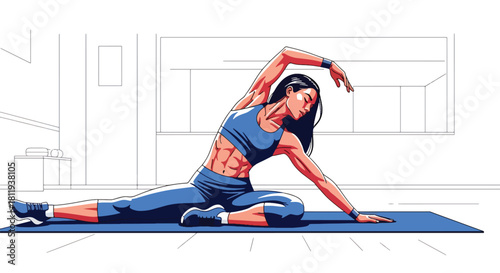 Flat vector female trainer performing full-body stretch on mat in minimal gym. Ideal for stretching guides, wellness apps, fitness coaching content, and exercise illustrations