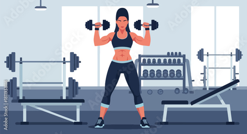 Flat vector confident woman lifting dumbbells during strength session with bold stance. Ideal for gym promotions, workout programs, strength training guides, and fitness branding