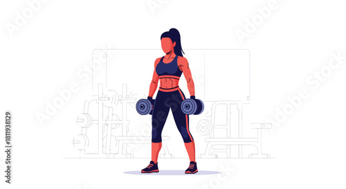 Flat vector confident woman lifting dumbbells during strength session with bold stance. Ideal for gym promotions, workout programs, strength training guides, and fitness branding