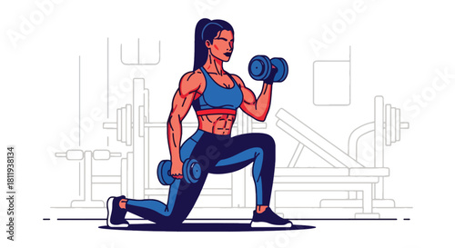 Flat vector confident woman lifting dumbbells during strength session with bold stance. Ideal for gym promotions, workout programs, strength training guides, and fitness branding