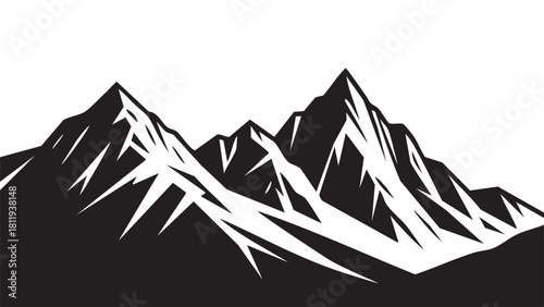 A striking black and white illustration of jagged mountain peaks