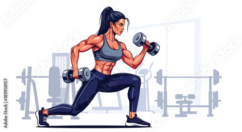 Flat vector confident woman lifting dumbbells during strength session with bold stance. Ideal for gym promotions, workout programs, strength training guides, and fitness branding