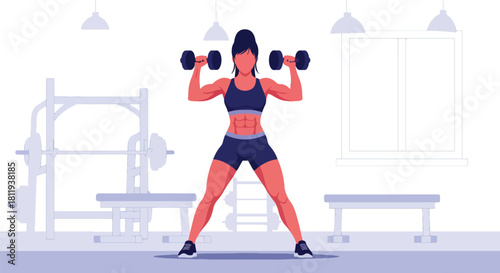 Flat vector confident woman lifting dumbbells during strength session with bold stance. Ideal for gym promotions, workout programs, strength training guides, and fitness branding