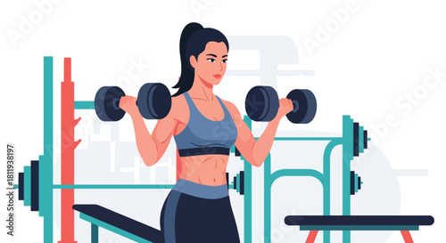 Flat vector confident woman lifting dumbbells during strength session with bold stance. Ideal for gym promotions, workout programs, strength training guides, and fitness branding