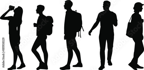 Set of black silhouettes showing young people and students walking with backpacks, drinking coffee, and commuting isolated on white background