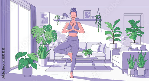 Flat vector woman practicing yoga balance pose in calm interior with plants. Ideal for yoga apps, wellness branding, meditation content, and holistic health illustrations