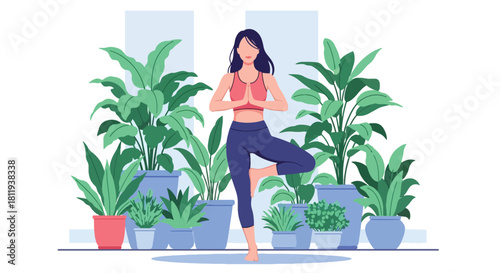 Flat vector woman practicing yoga balance pose in calm interior with plants. Ideal for yoga apps, wellness branding, meditation content, and holistic health illustrations