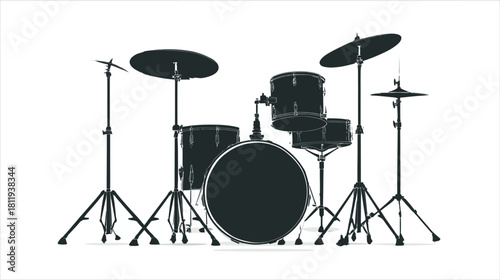 Professional Dark Drum Kit Musical Instrument Isolated on Clean White Background. Percussion Set for Rock, Jazz, and Studio Music