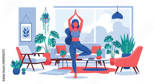 Flat vector woman practicing yoga balance pose in calm interior with plants. Ideal for yoga apps, wellness branding, meditation content, and holistic health illustrations
