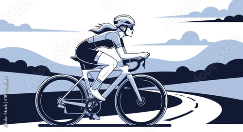 Flat vector sporty woman cycling on open road with helmet and activewear. Ideal for cycling promotions, outdoor fitness content, sports blogs, and healthy lifestyle visuals