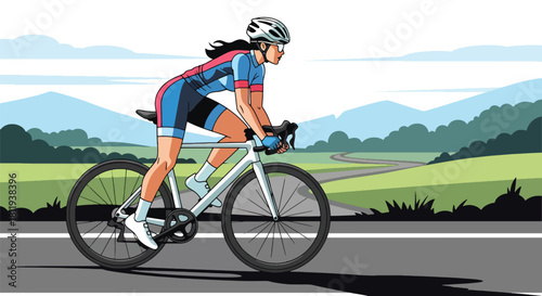 Flat vector sporty woman cycling on open road with helmet and activewear. Ideal for cycling promotions, outdoor fitness content, sports blogs, and healthy lifestyle visuals