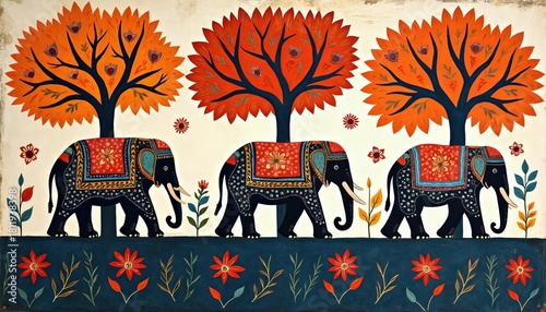 Three decorated elephants walk in procession under stylized trees with orange foliage. Folk art style features floral motifs, vibrant colors. Elephant parade with patterned blankets, ornamental