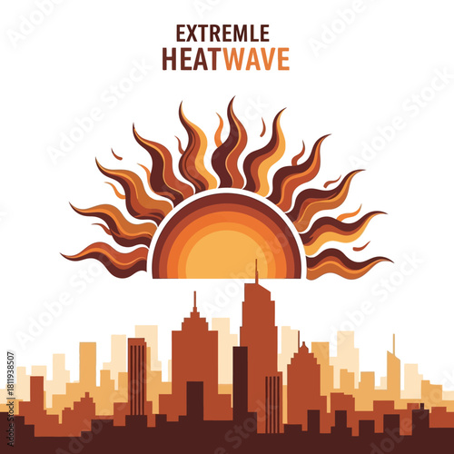 Extreme Heatwave Over City Skyline Illustration with Radiant Sun Symbolizing Intense Summer Weather Conditions