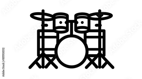 Minimalist Black and White Line Art Icon of a Drum Kit, Percussion Instrument Symbol for Music, Rhythm, and Beat