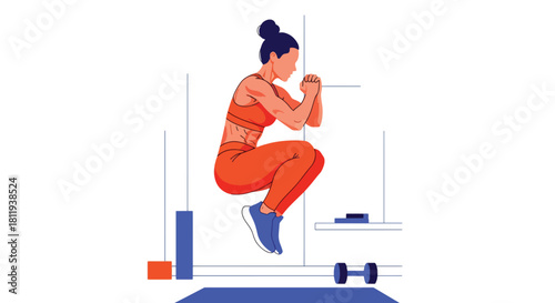 Flat vector woman performing HIIT cardio workout at home in dynamic pose. Ideal for fitness apps, workout programs, healthy lifestyle posts, and home exercise tutorials