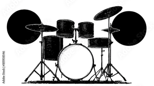 Graphic black and white illustration of a complete drum kit. Detailed percussion instrument for music, rhythm, and live performance.