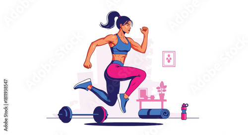 Flat vector woman performing HIIT cardio workout at home in dynamic pose. Ideal for fitness apps, workout programs, healthy lifestyle posts, and home exercise tutorials