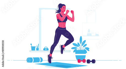 Flat vector woman performing HIIT cardio workout at home in dynamic pose. Ideal for fitness apps, workout programs, healthy lifestyle posts, and home exercise tutorials