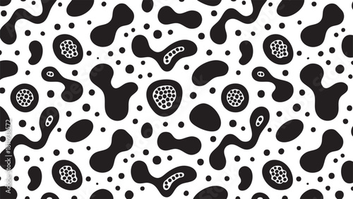 Abstract black and white organic shapes create a bold repeating pattern