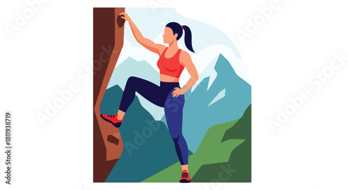 Flat vector sporty woman standing proudly on mountain peak after hike. Ideal for adventure branding, outdoor lifestyle posts, fitness promotion, and hiking guides