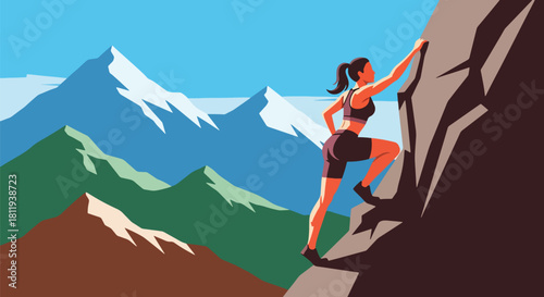 Flat vector sporty woman standing proudly on mountain peak after hike. Ideal for adventure branding, outdoor lifestyle posts, fitness promotion, and hiking guides
