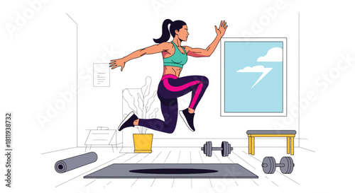 Flat vector woman performing HIIT cardio workout at home in dynamic pose. Ideal for fitness apps, workout programs, healthy lifestyle posts, and home exercise tutorials