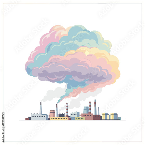 Surreal illustration of a factory releasing vibrant, multi-colored pastel smoke, symbolizing creative industry or environmental concepts