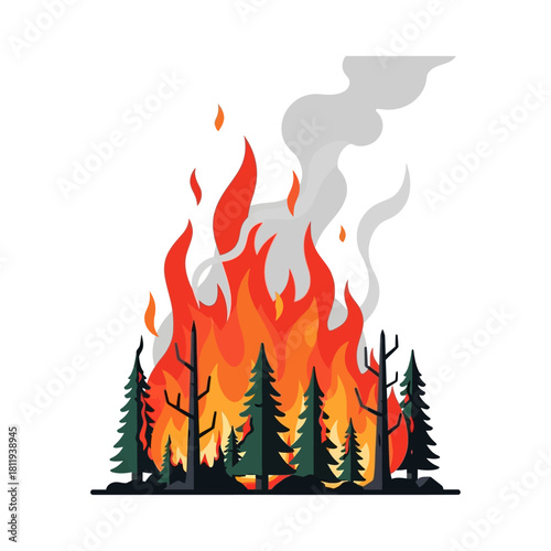 Illustration of a devastating forest fire raging through a dense woodland, with intense flames and rising smoke, symbolizing environmental destruction and ecological impact