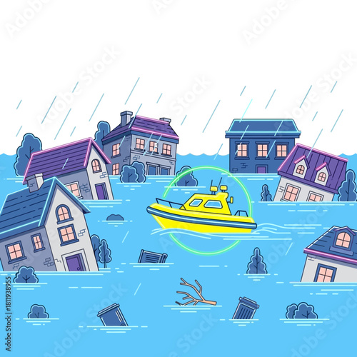 Flooded Town Rescue Boat Navigating Submerged Houses Illustration