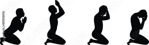 Set of four black vector silhouettes of a man kneeling in prayer, worshiping, bowing in despair, and asking for forgiveness