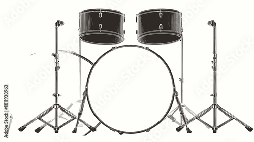 Vector Line Art Drum Kit Illustration. Musical Percussion Instrument Design Element on White. Studio Music Equipment